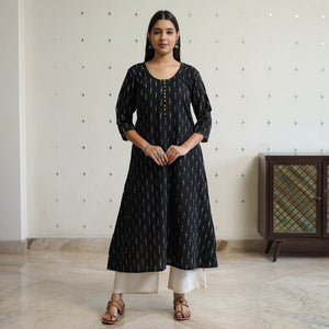 Black - Pochampally Ikat Weave Cotton A-Line Long Kurta 32