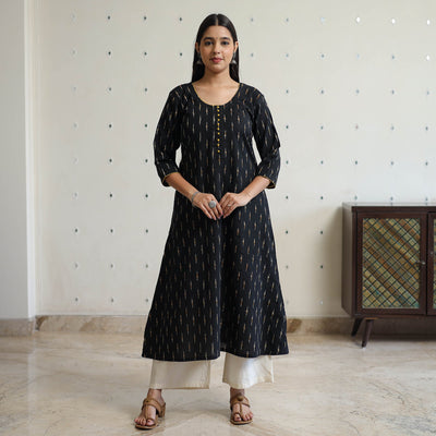 Black - Pochampally Ikat Weave Cotton A-Line Long Kurta 32