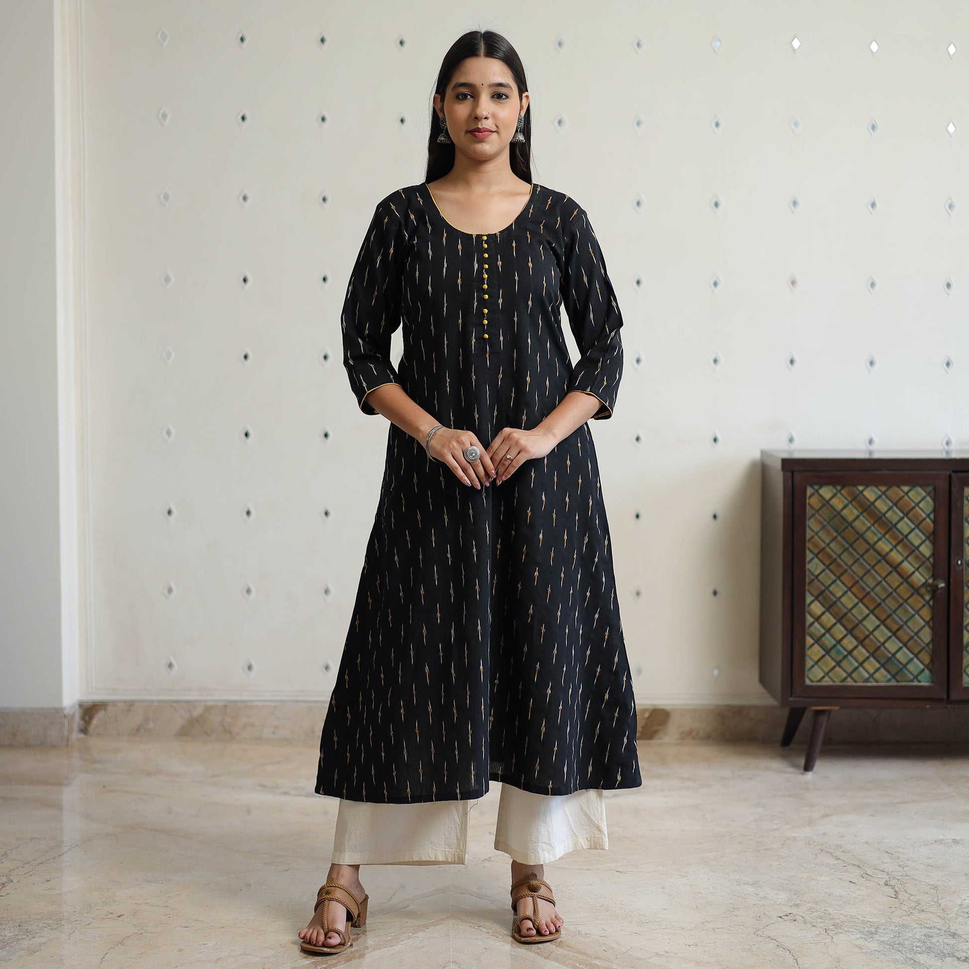 Black - Pochampally Ikat Weave Cotton A-Line Long Kurta 32