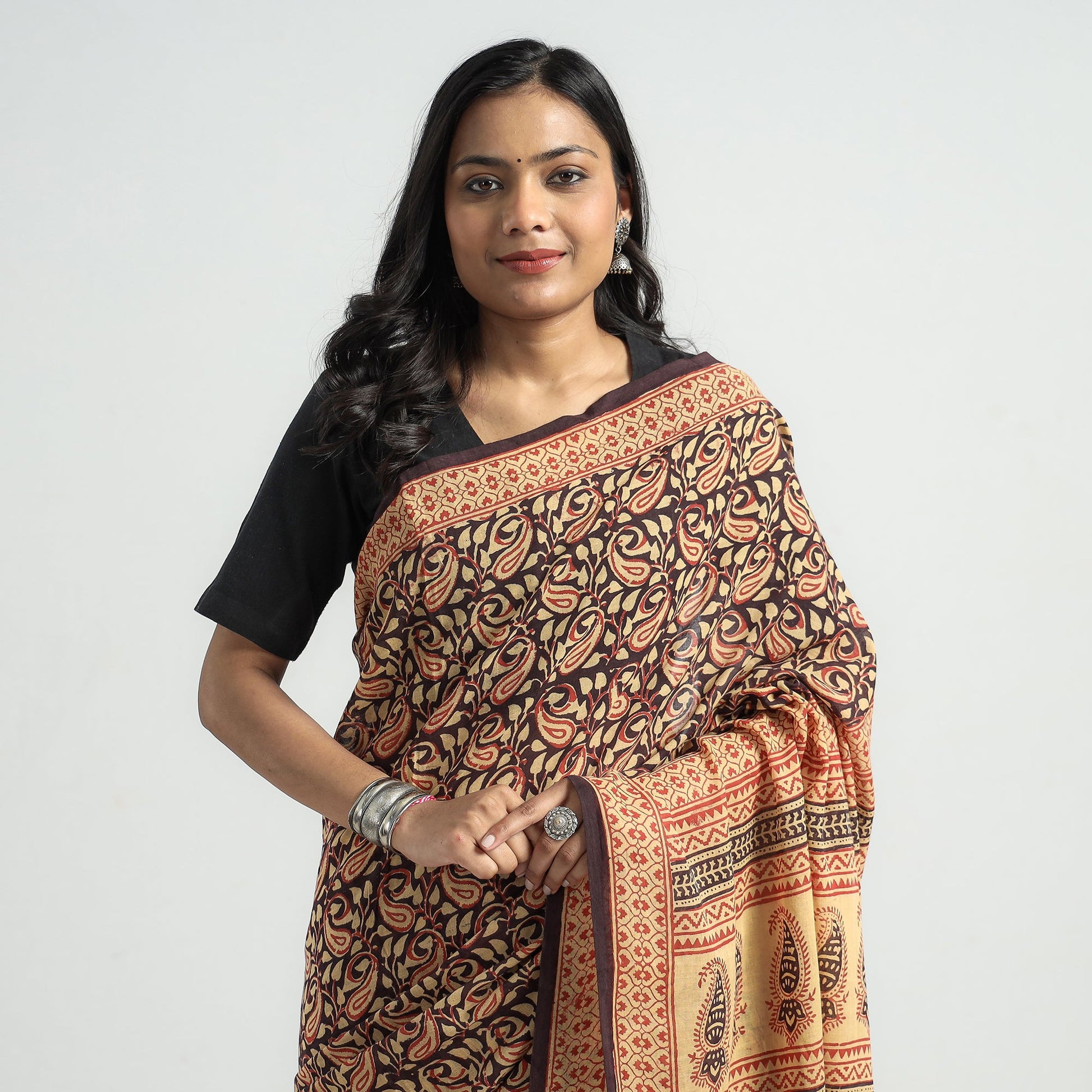 Brown - Bagh Hand Block Printed Cotton Saree