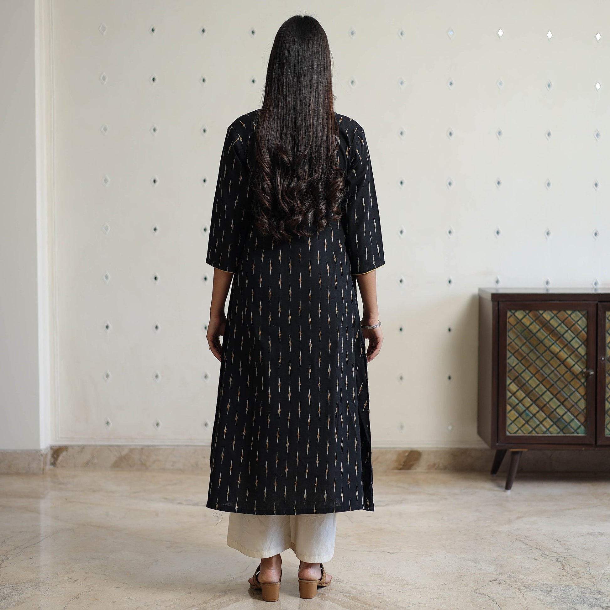 Black - Pochampally Ikat Weave Cotton A-Line Long Kurta 32