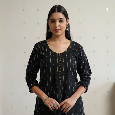 Black - Pochampally Ikat Weave Cotton A-Line Long Kurta 32