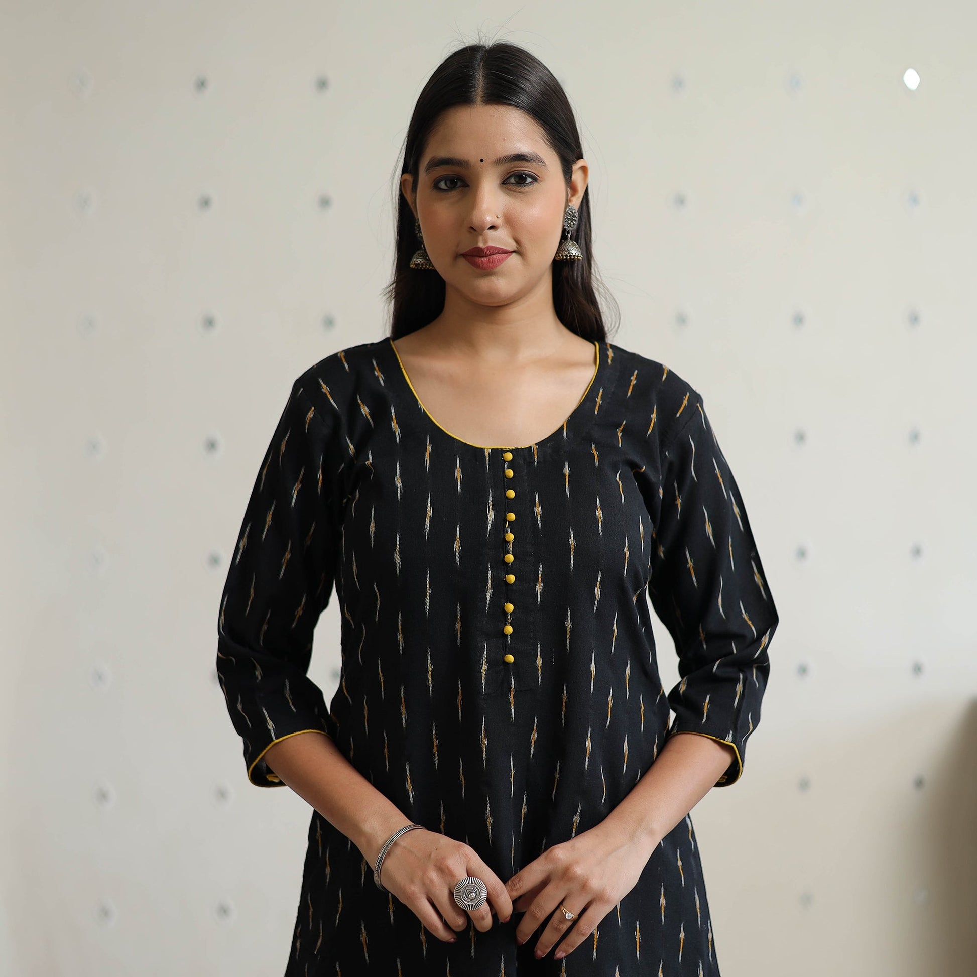Black - Pochampally Ikat Weave Cotton A-Line Long Kurta 32