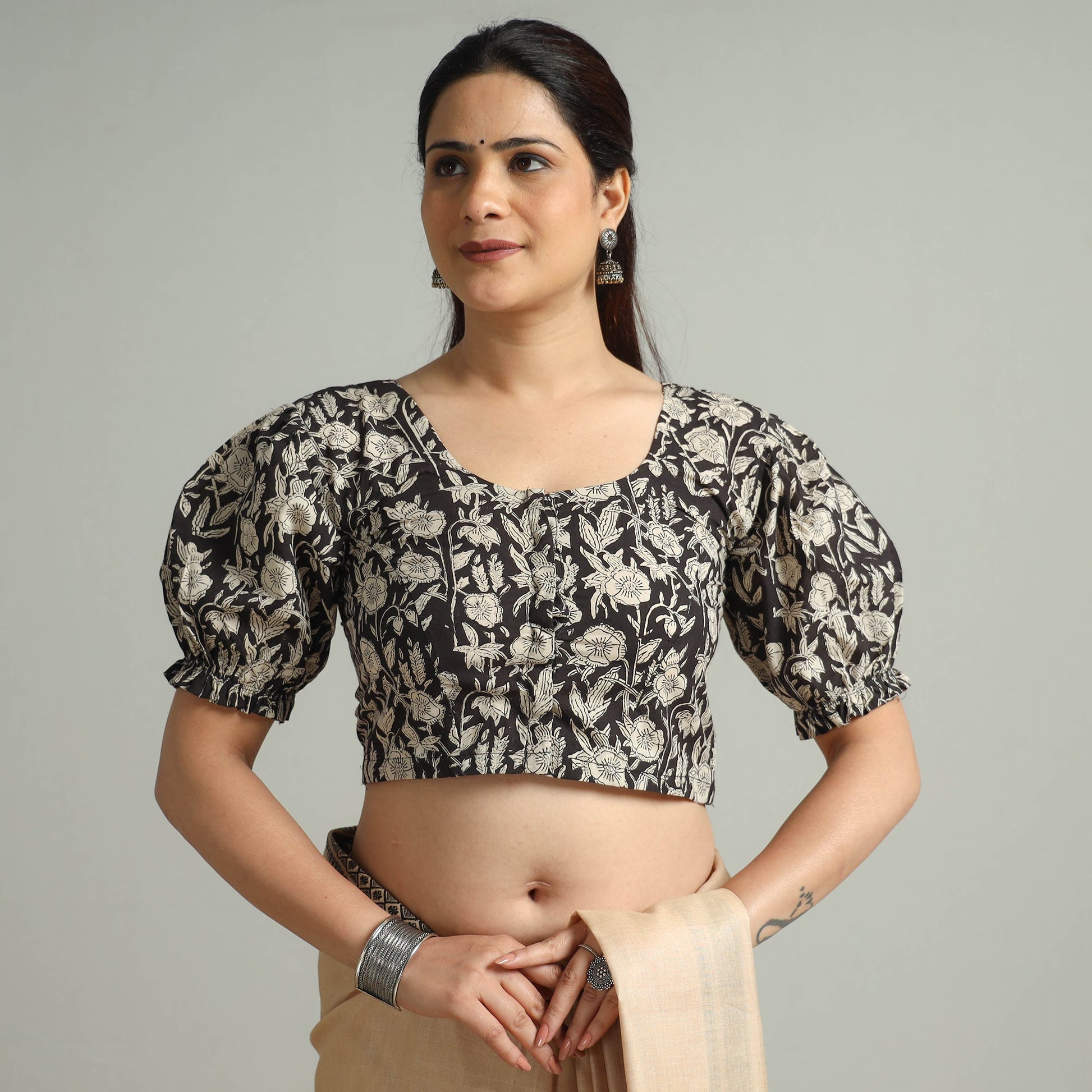 Black - Bagru Block Printed Cotton Stitched Blouse 03