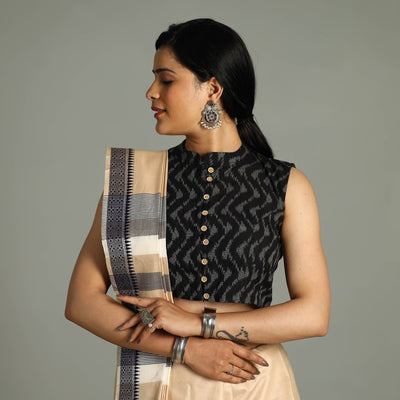 Black - Pochampally Ikat Cotton Stitched Sleeveless Blouse