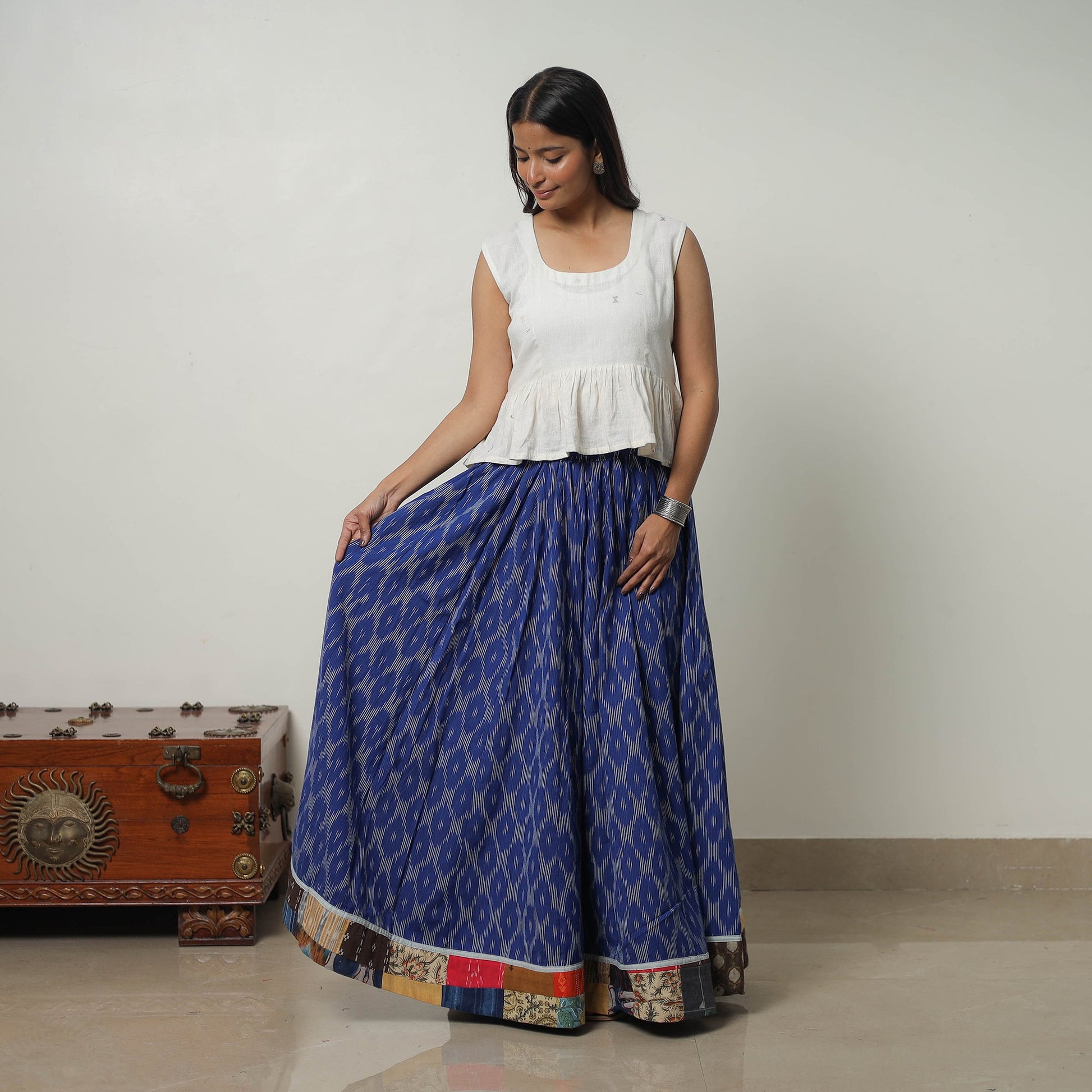 Blue - 24 Kali Cotton Pochampally Ikat Skirt 33