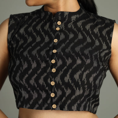 Black - Pochampally Ikat Cotton Stitched Sleeveless Blouse