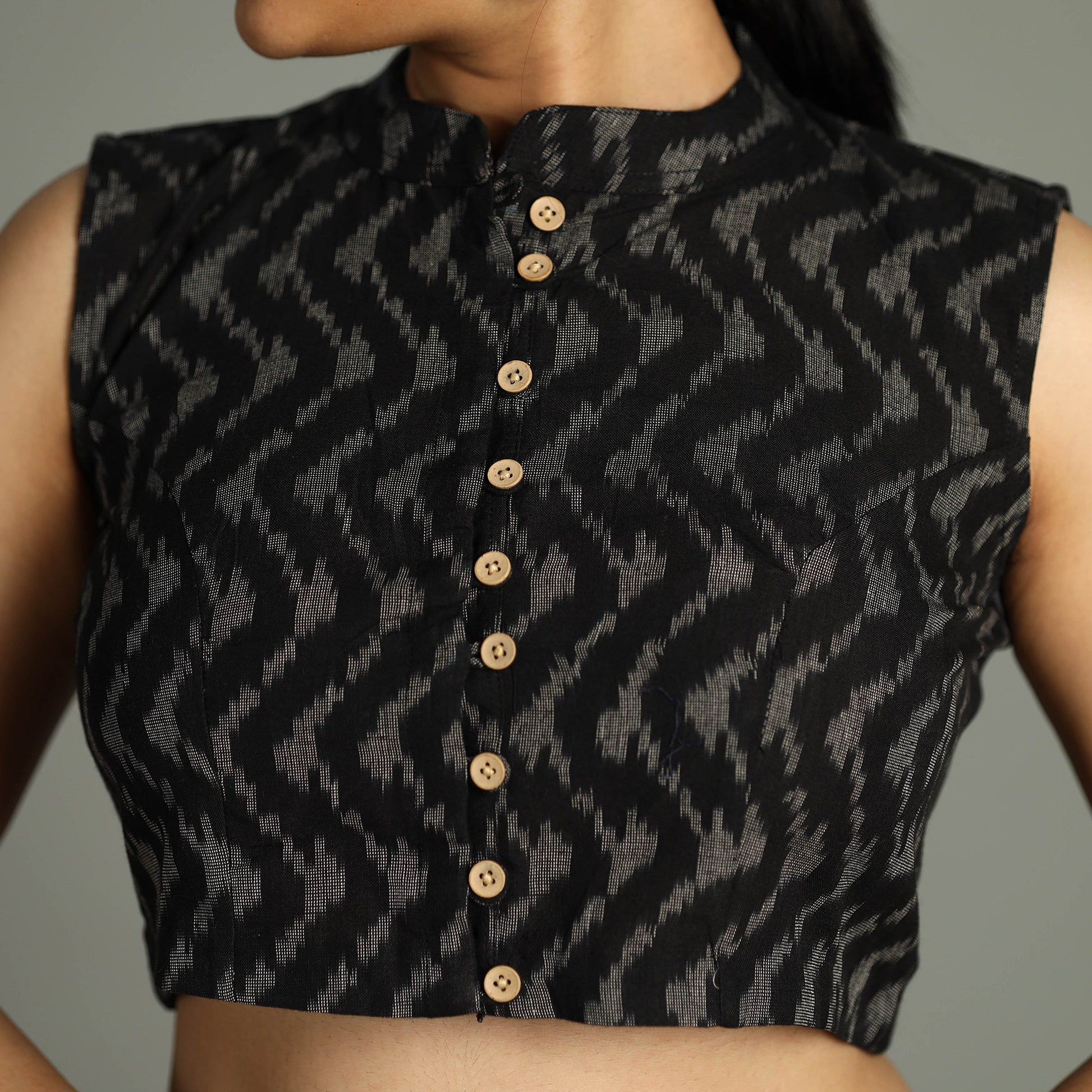 Black - Pochampally Ikat Cotton Stitched Sleeveless Blouse