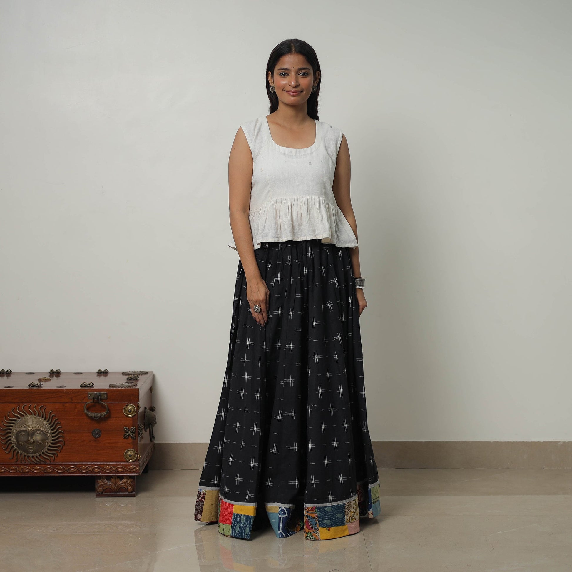 Black - 24 Kali Cotton Pochampally Ikat Skirt 34