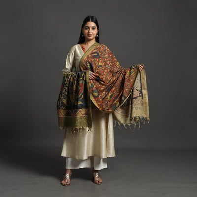 Brown - Mangalagiri Cotton Handpainted Pen Work Kalamkari Dupatta 06