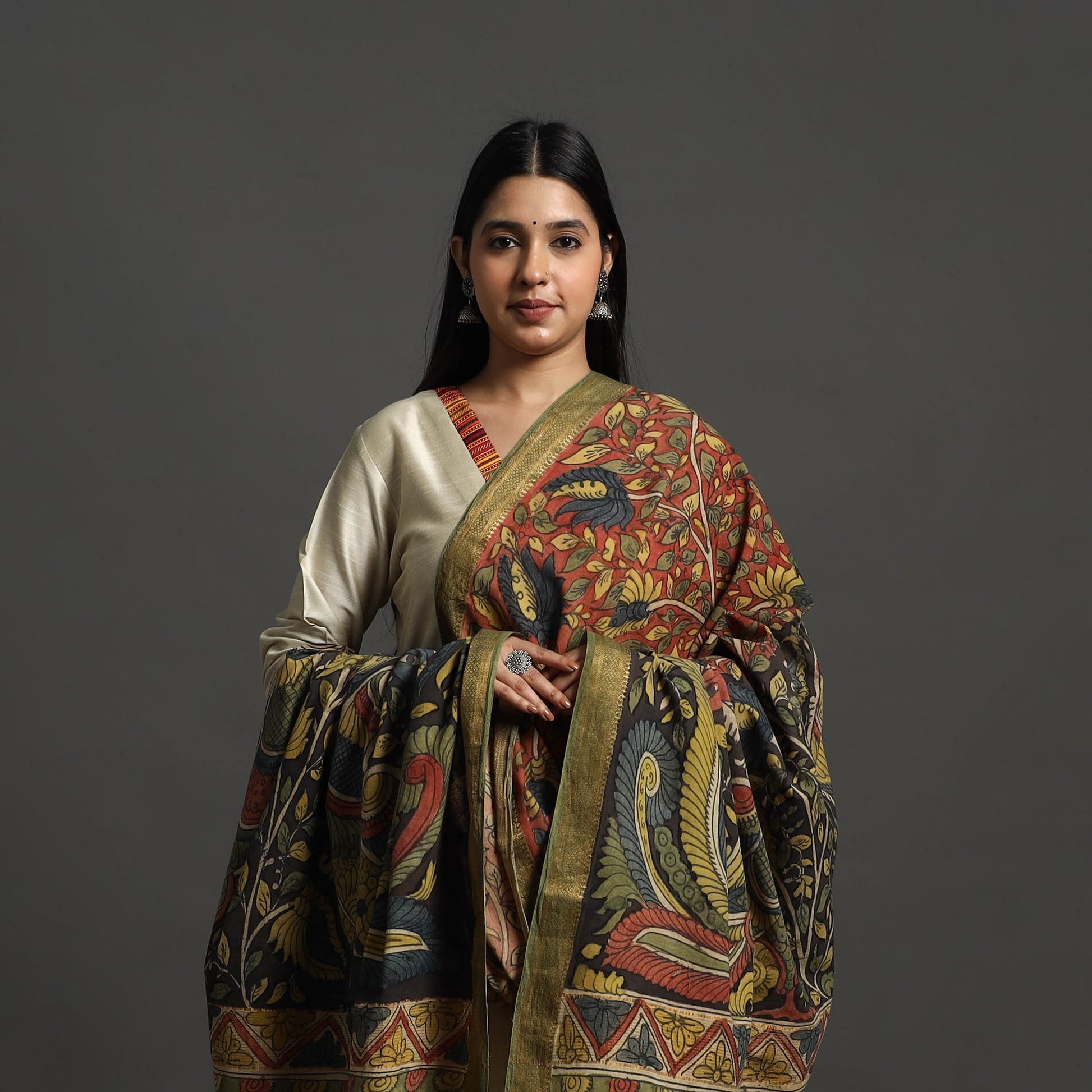 Brown - Mangalagiri Cotton Handpainted Pen Work Kalamkari Dupatta 06