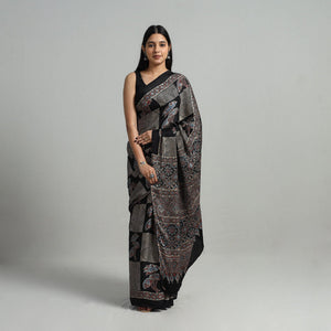 Black - Natural Dyed Hand Block Print Modal Silk Ajrakh Saree 14