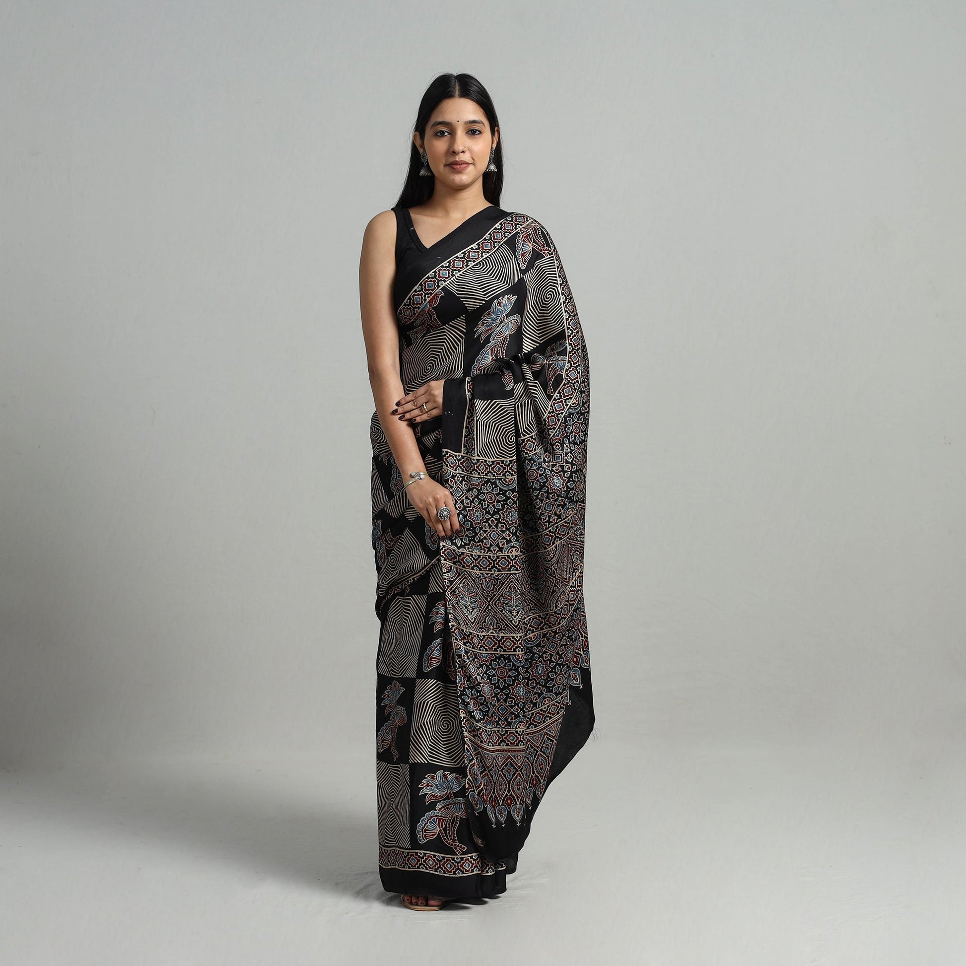 Black - Natural Dyed Hand Block Print Modal Silk Ajrakh Saree 14