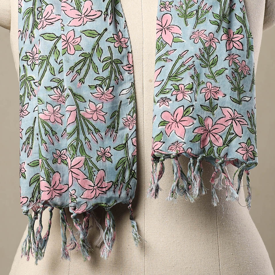 Blue - Block Print Cotton Sanganeri Stole with Tassels 260