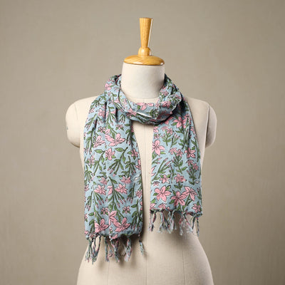 Blue - Block Print Cotton Sanganeri Stole with Tassels 260