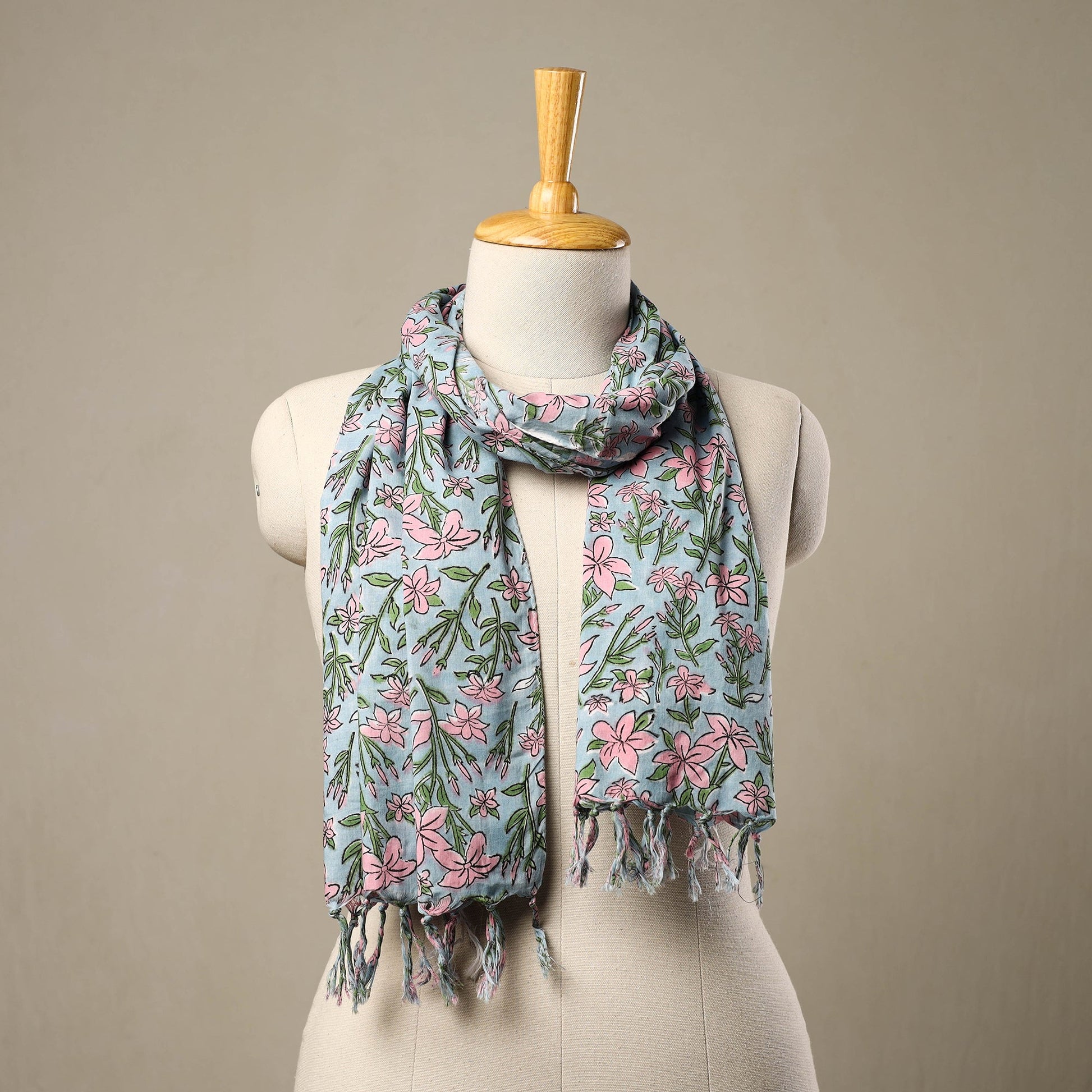 Blue - Block Print Cotton Sanganeri Stole with Tassels 260