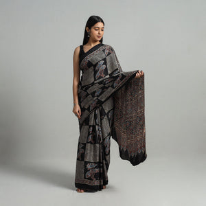 Black - Natural Dyed Hand Block Print Modal Silk Ajrakh Saree 14