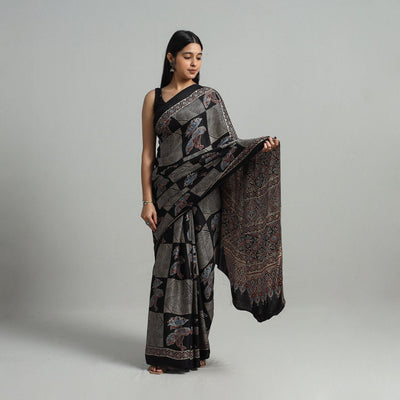 Black - Natural Dyed Hand Block Print Modal Silk Ajrakh Saree 14