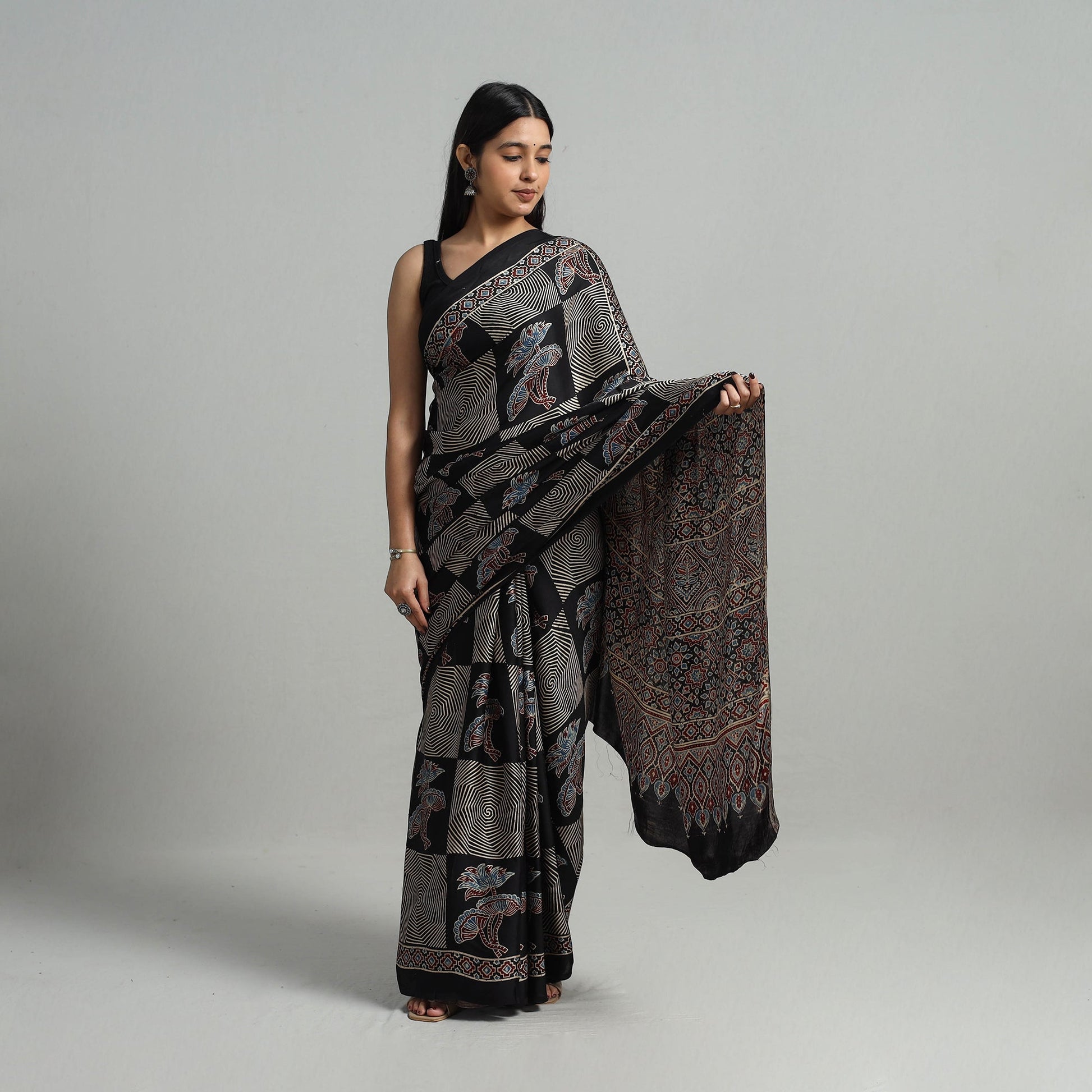 Black - Natural Dyed Hand Block Print Modal Silk Ajrakh Saree 14