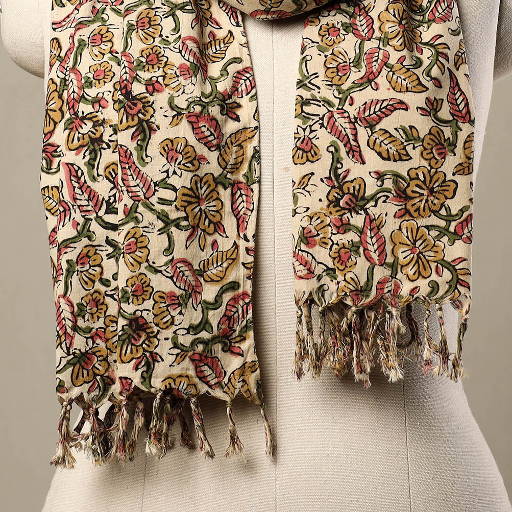 Beige - Block Print Cotton Sanganeri Stole with Tassels 261