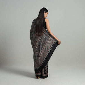 Black - Natural Dyed Hand Block Print Modal Silk Ajrakh Saree 14