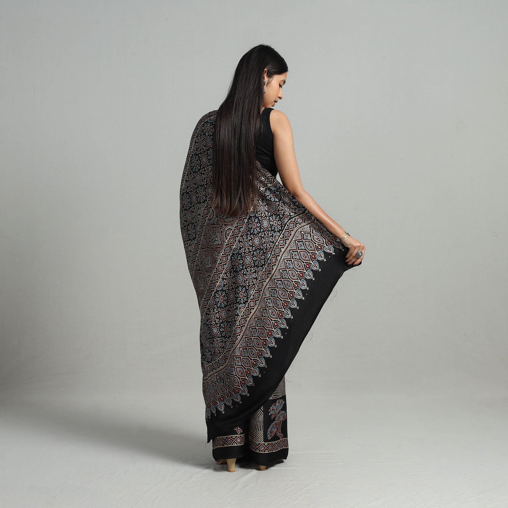 Black - Natural Dyed Hand Block Print Modal Silk Ajrakh Saree 14