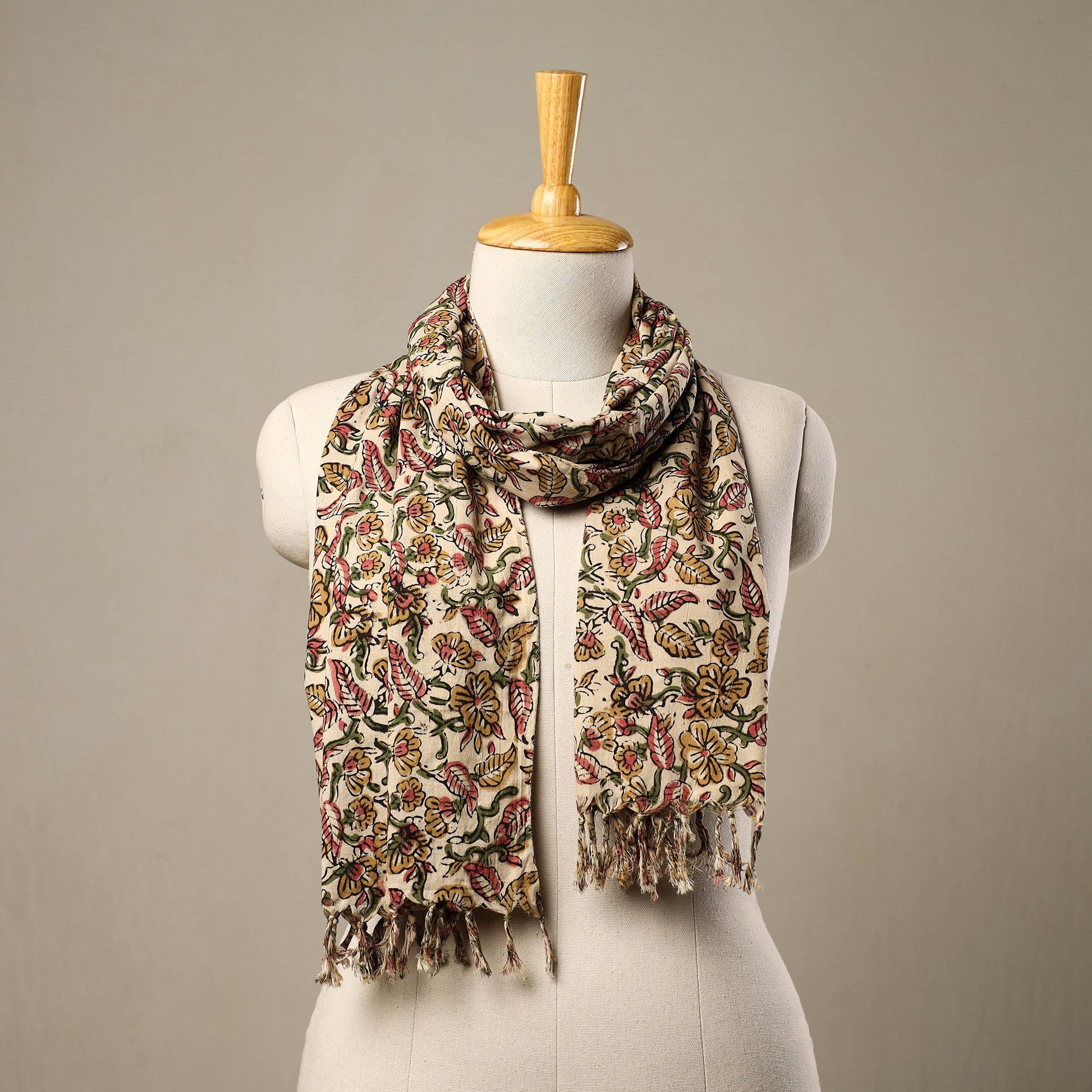 Beige - Block Print Cotton Sanganeri Stole with Tassels 261