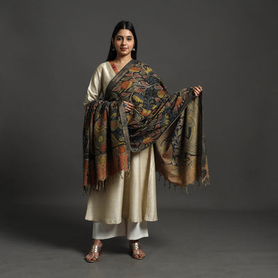 Black - Mangalagiri Cotton Handpainted Pen Work Kalamkari Dupatta 04