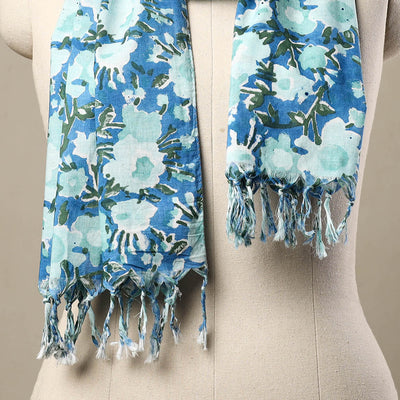Blue - Block Print Cotton Sanganeri Stole with Tassels 262