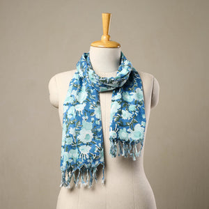 Blue - Block Print Cotton Sanganeri Stole with Tassels 262