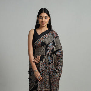 Black - Natural Dyed Hand Block Print Modal Silk Ajrakh Saree 14