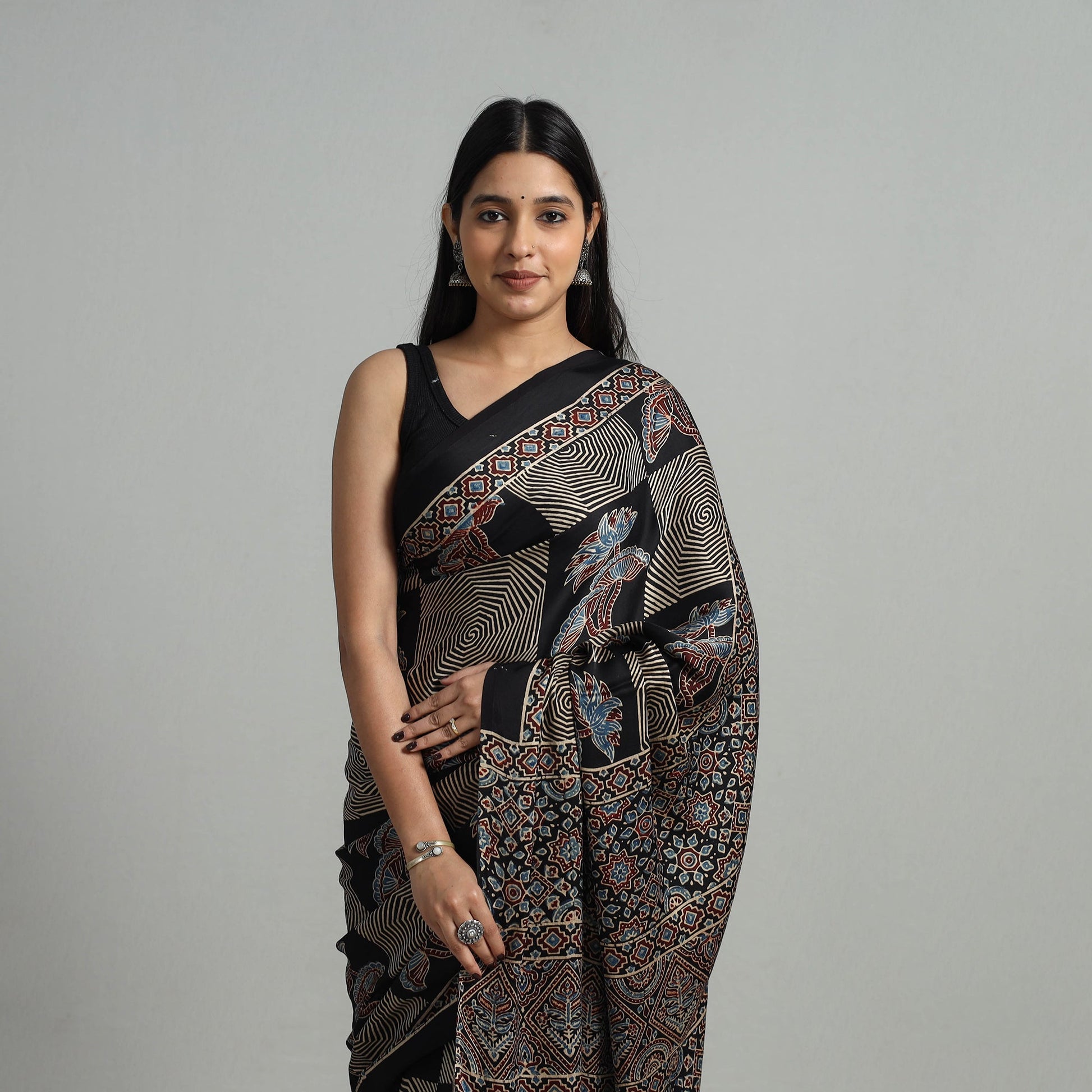 Black - Natural Dyed Hand Block Print Modal Silk Ajrakh Saree 14