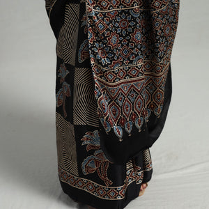 Black - Natural Dyed Hand Block Print Modal Silk Ajrakh Saree 14