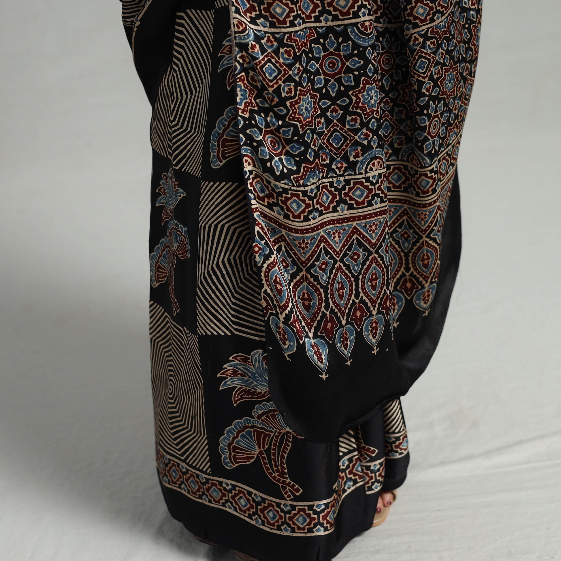 Black - Natural Dyed Hand Block Print Modal Silk Ajrakh Saree 14
