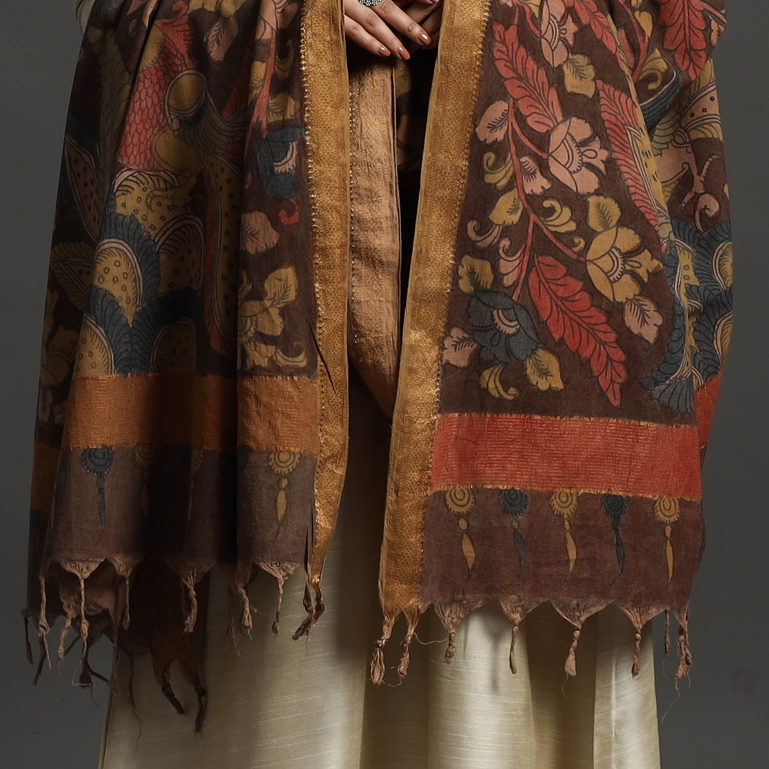 Brown - Mangalagiri Cotton Handpainted Pen Work Kalamkari Dupatta 03
