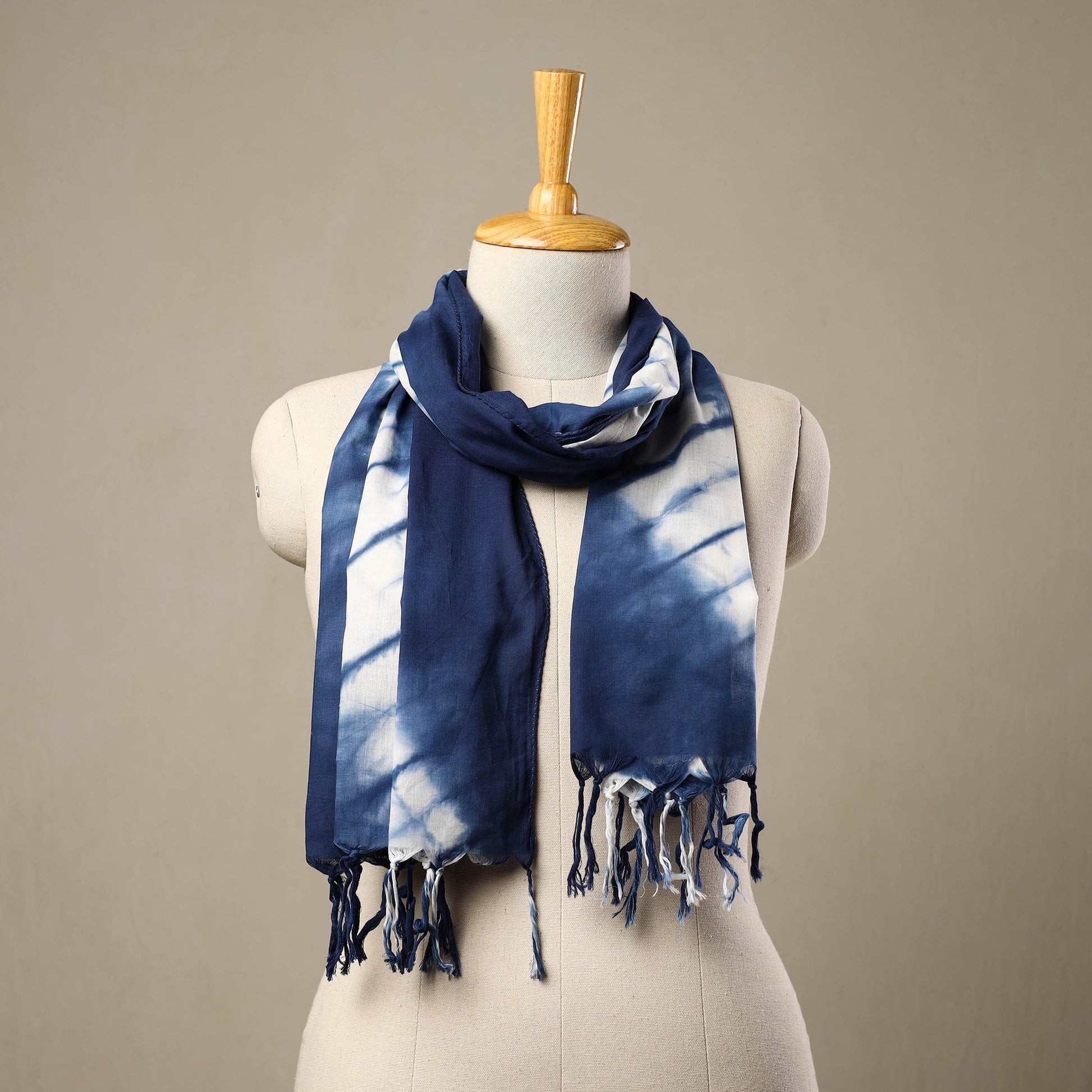 Blue - Cotton Tie-Dye Shibori Stole with Tassels 265