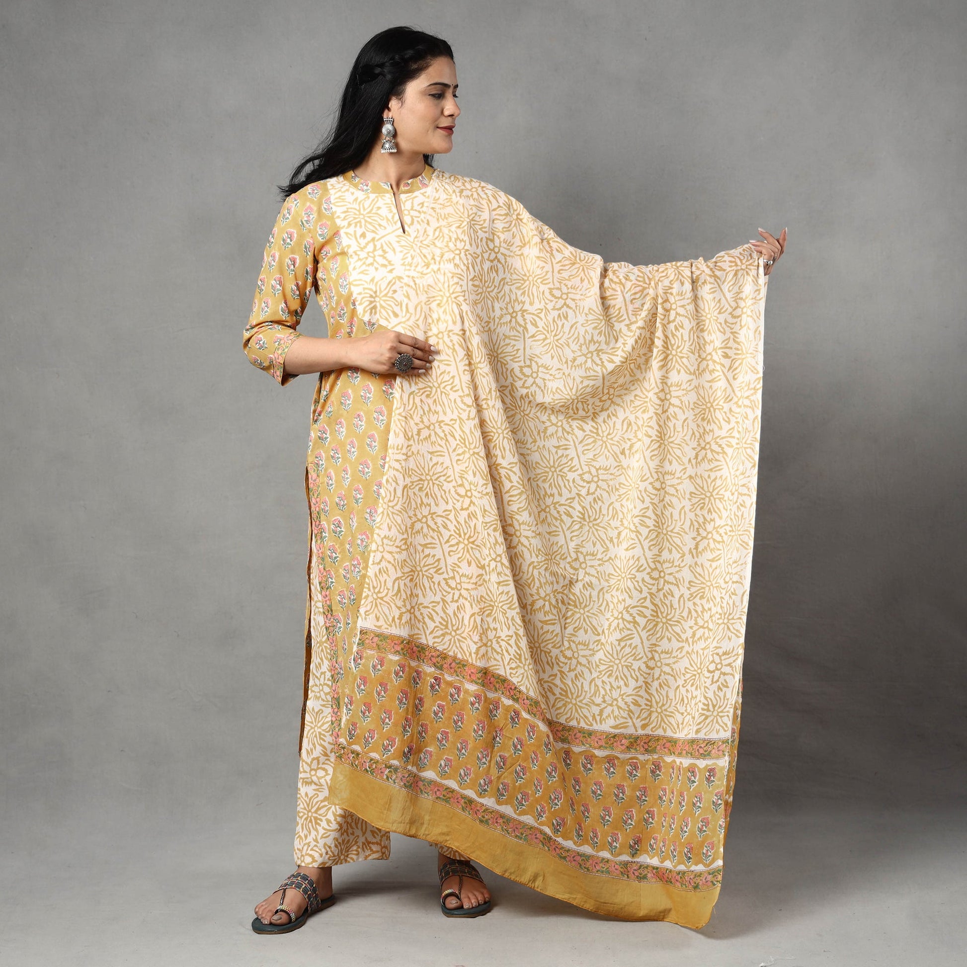 Brown - Sanganeri Block Printed Cotton Kurta with Palazzo & Dupatta Set