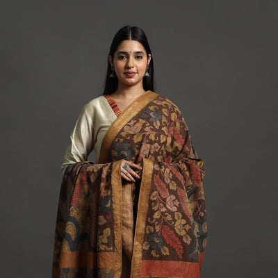 Brown - Mangalagiri Cotton Handpainted Pen Work Kalamkari Dupatta 03