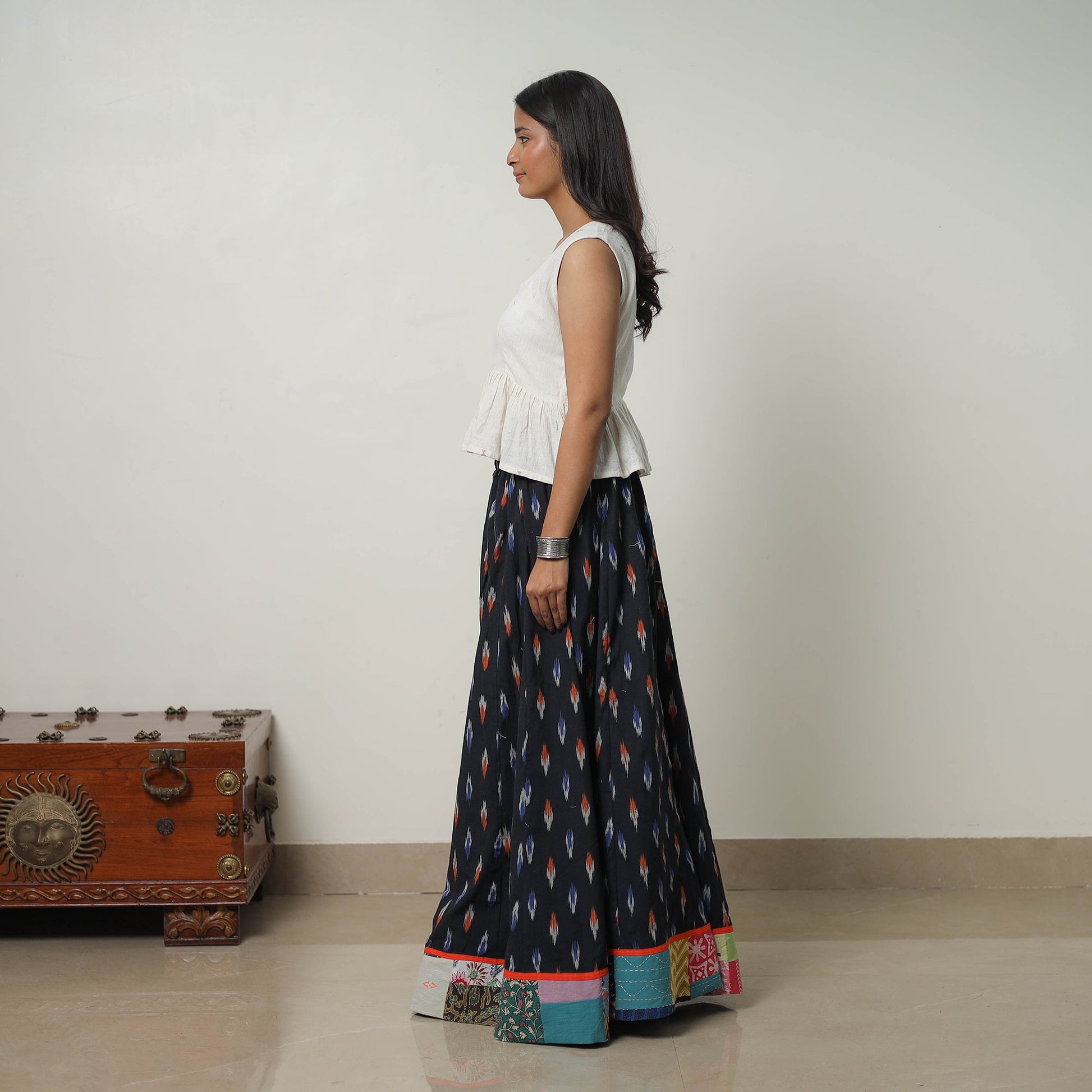Black - 24 Kali Cotton Pochampally Ikat Skirt 36