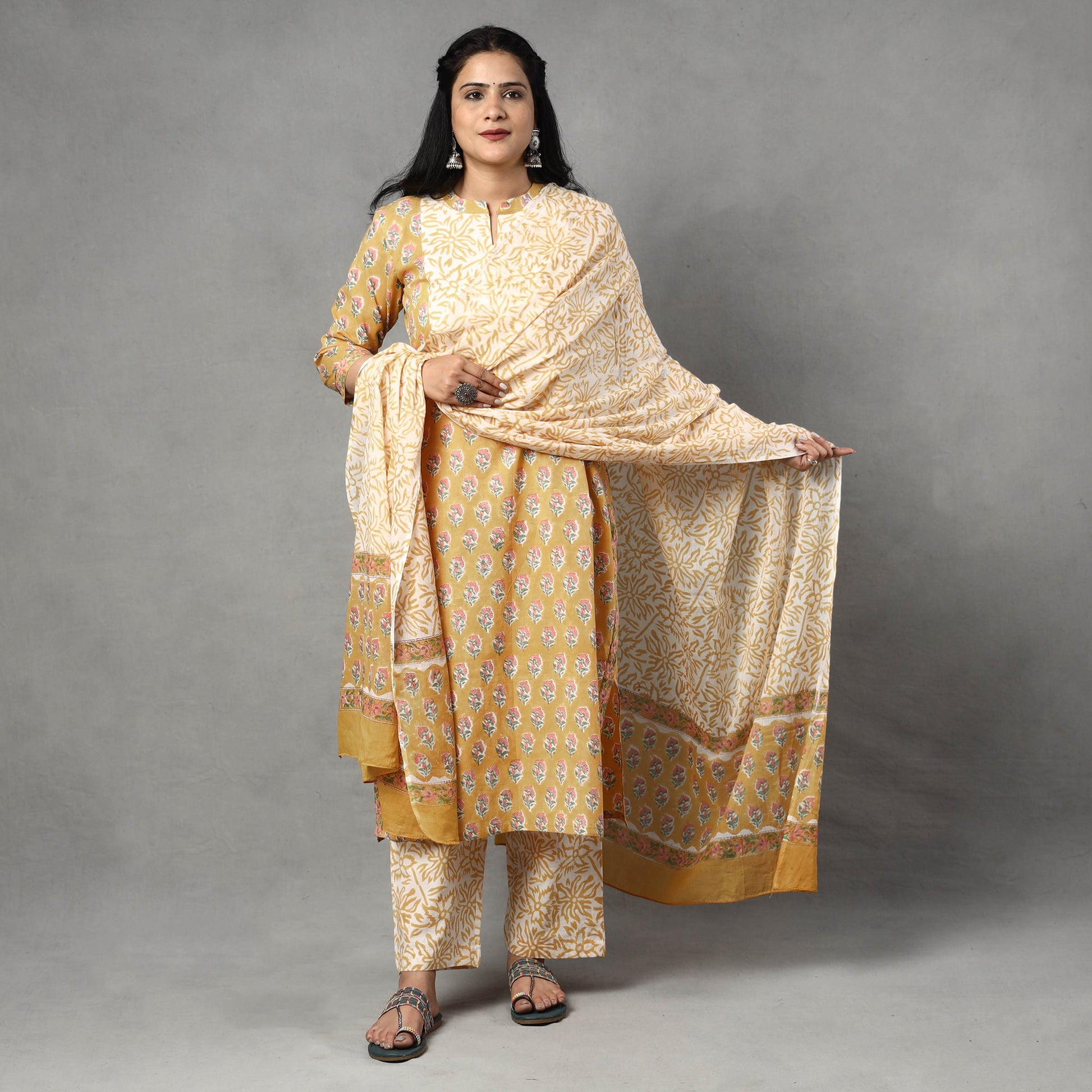 Brown - Sanganeri Block Printed Cotton Kurta with Palazzo & Dupatta Set