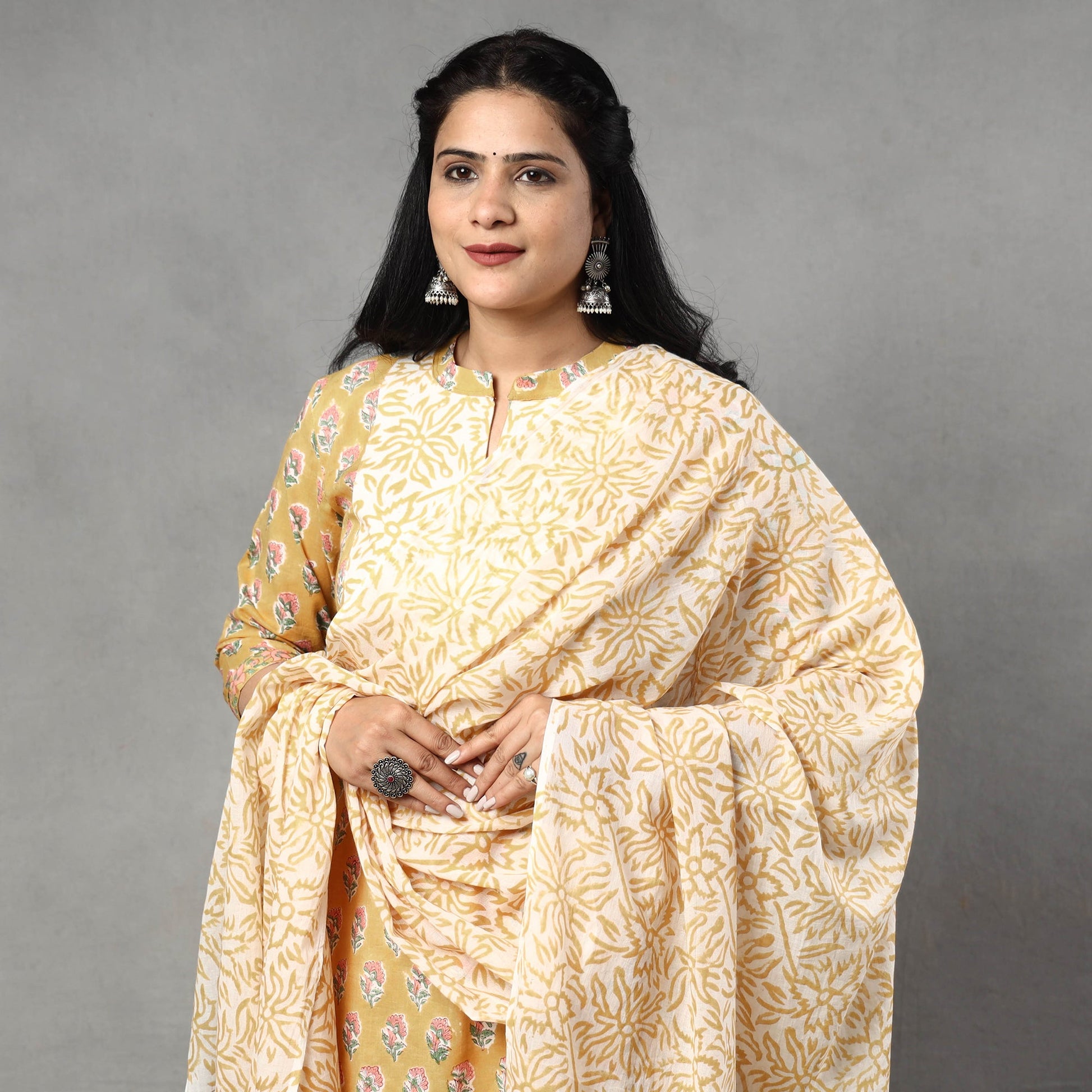 Brown - Sanganeri Block Printed Cotton Kurta with Palazzo & Dupatta Set