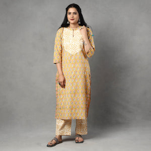 Brown - Sanganeri Block Printed Cotton Kurta with Palazzo & Dupatta Set