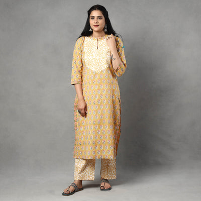 Brown - Sanganeri Block Printed Cotton Kurta with Palazzo & Dupatta Set