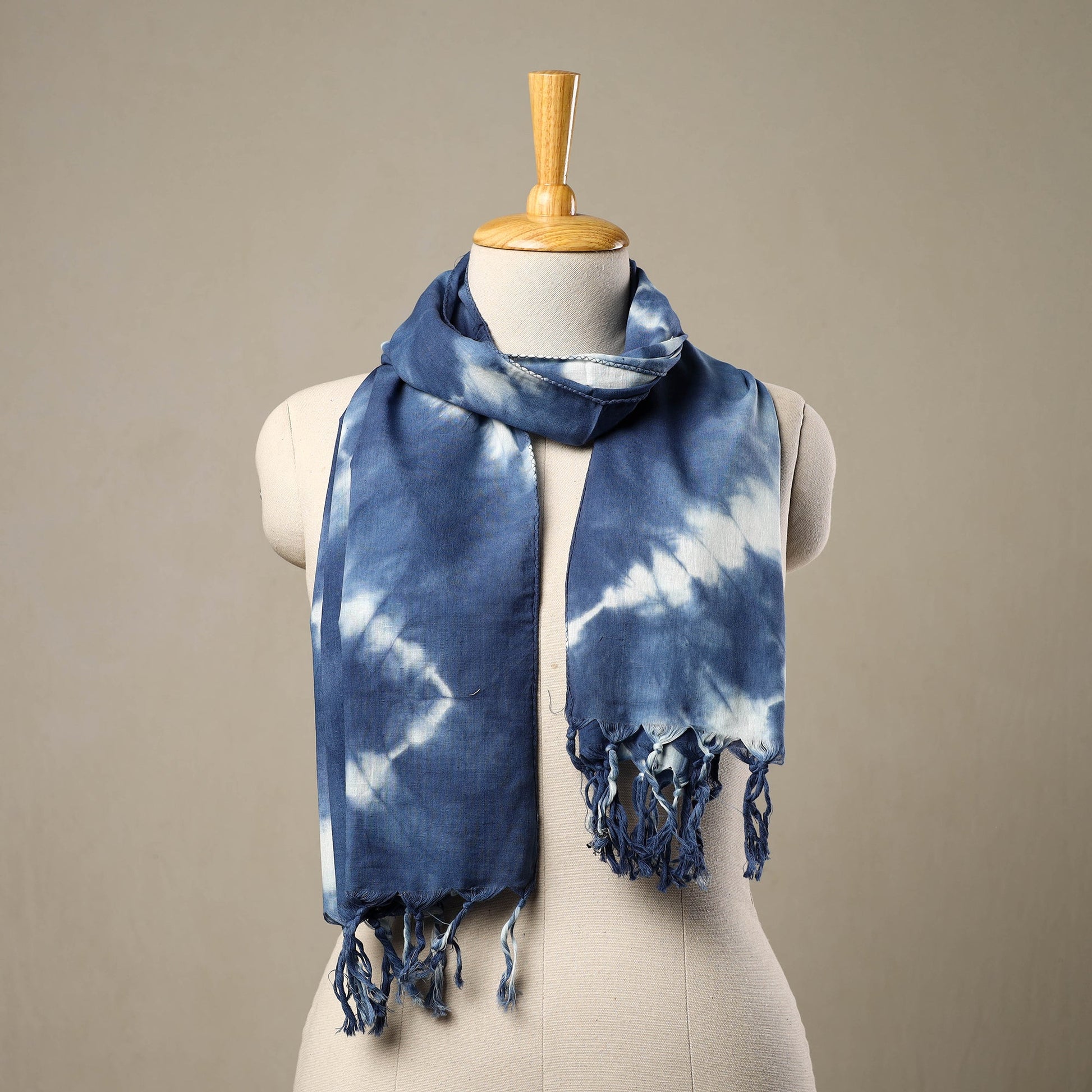 Blue - Cotton Tie-Dye Shibori Stole with Tassels 268
