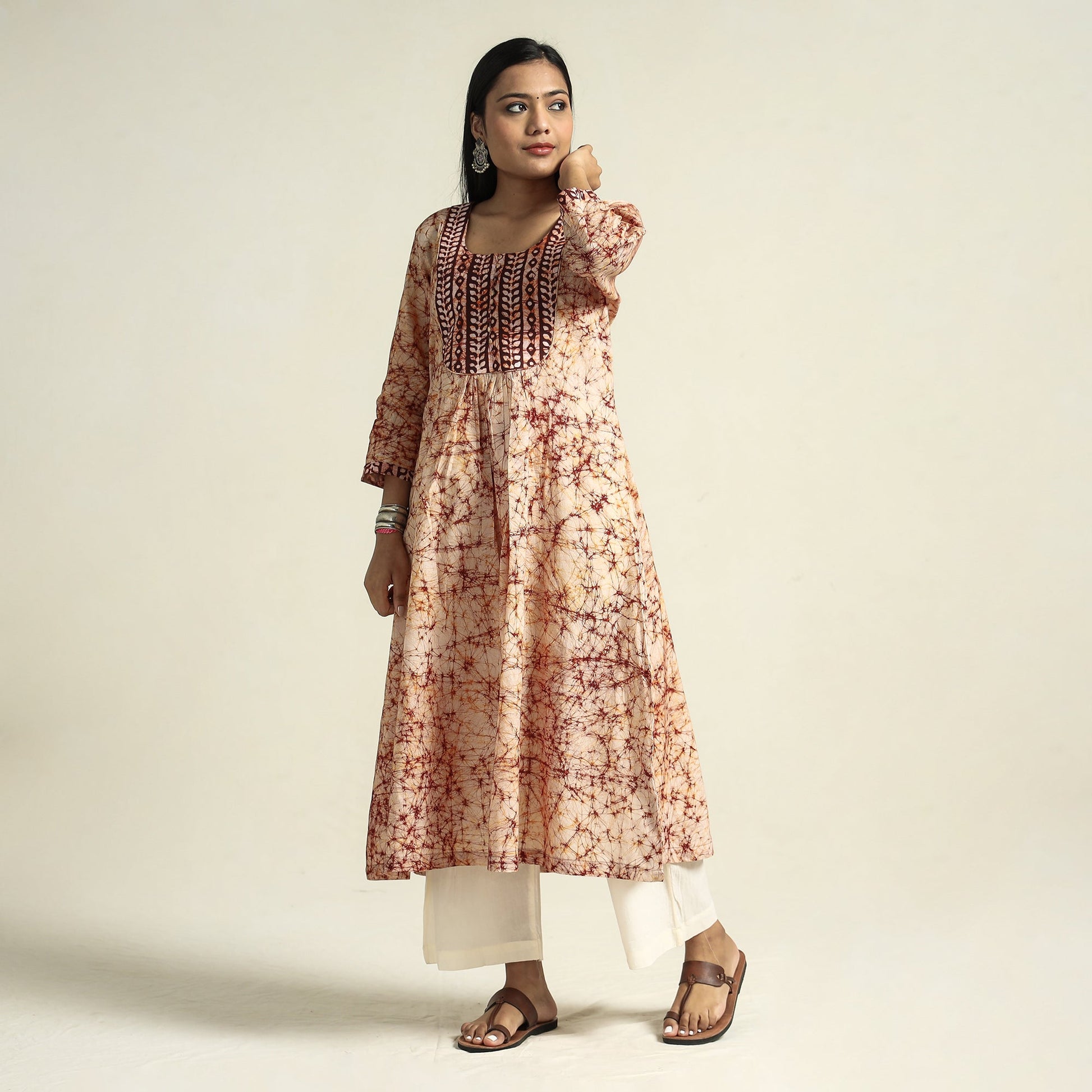 Brown - Kutch Batik Printed Cotton A-Line Kurta