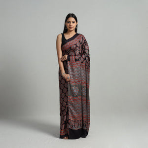Black - Natural Dyed Hand Block Print Modal Silk Ajrakh Saree 16