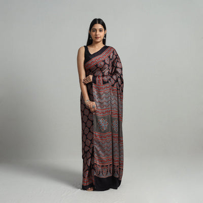 Black - Natural Dyed Hand Block Print Modal Silk Ajrakh Saree 16