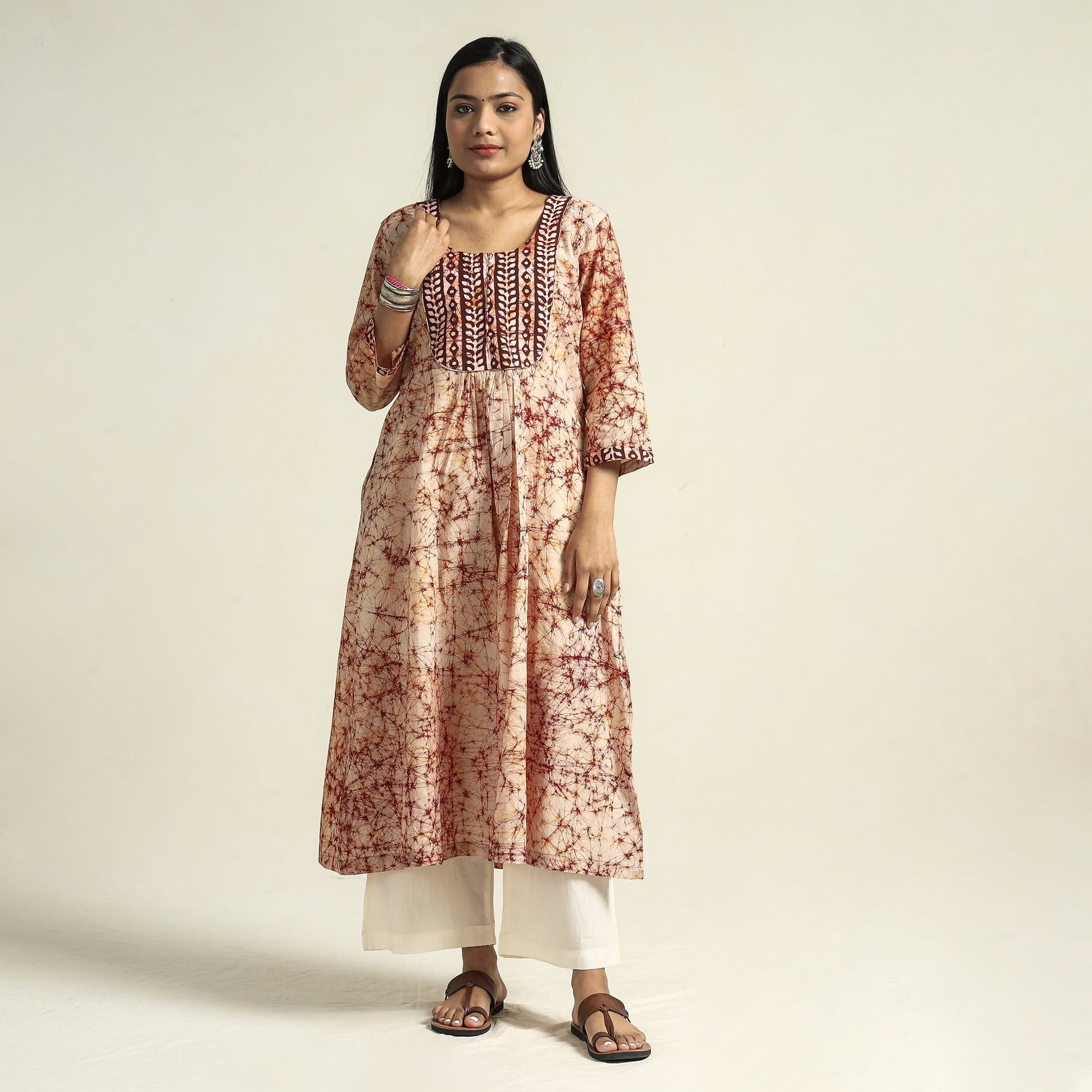 Brown - Kutch Batik Printed Cotton A-Line Kurta