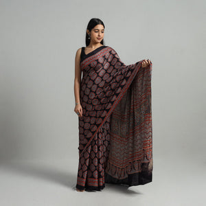Black - Natural Dyed Hand Block Print Modal Silk Ajrakh Saree 16