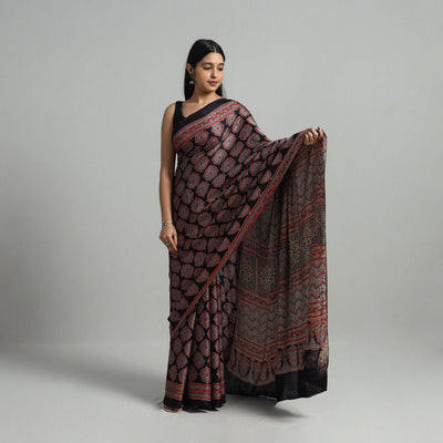 Black - Natural Dyed Hand Block Print Modal Silk Ajrakh Saree 16